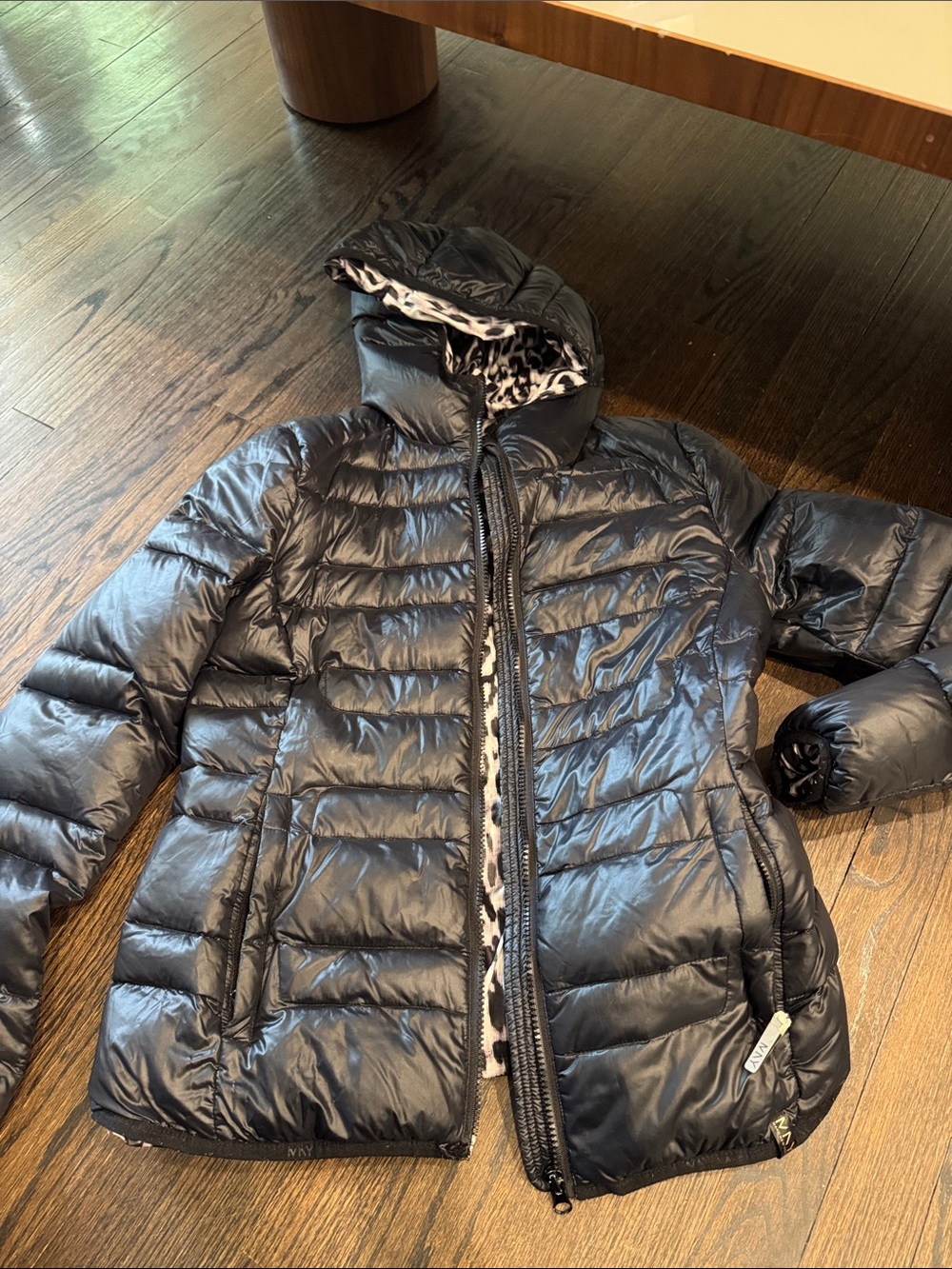 Women's Black Hooded Puffer Jacket with Leopard-Trim Lining